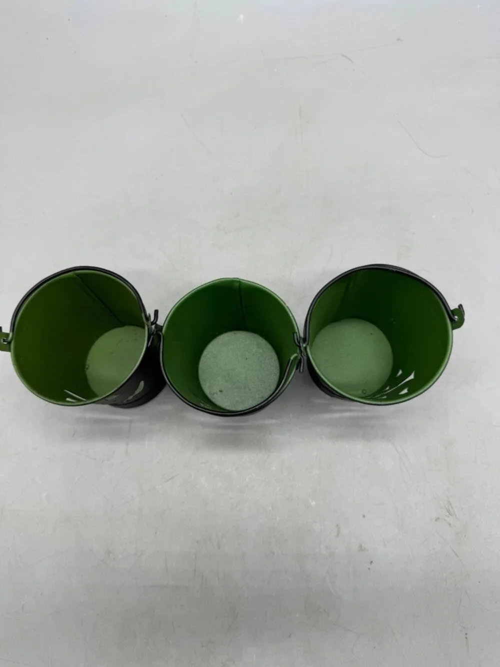 Set Of 3 Black Metal Buckets Green Jack-O-Lantern Tea light candle holders READ